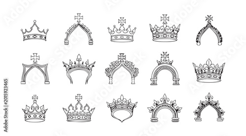 Photos Set of royal crowns and arches on white background, decorative elements for design