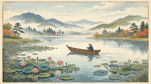 Traditional Japanese Landscape Illustration with Man Rowing on Lake