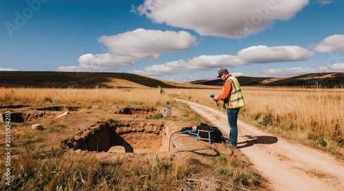 Man in high-visibility vest operates ground penetrating radar equipment on rural dirt road. Archaeological survey excavation pits in dry grass field. Landscape research aids cultural heritage