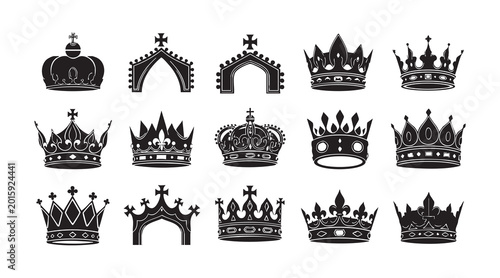 Billede på lærred Collection of black crown and arch silhouettes, regal symbols for design