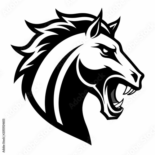 A sleek black and white vector illustration of a powerful horse head with flowing mane and open mouth for dynamic logo or branding use