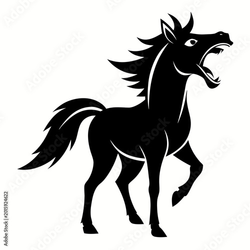 A bold black vector illustration of a rearing horse with flowing mane and tail designed as a dynamic and striking icon