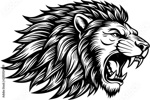 A bold and fierce lion vector graphic illustration with an open mouth and flowing mane depicted in black and white line art