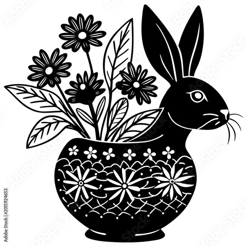 A charming black and white vector illustration shows a rabbit peeking over a decorative flower pot filled with blooming flowers and lush green leaves
