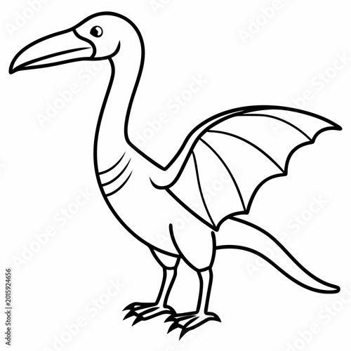 A simple black and white vector illustration of a prehistoric bird-like creature standing with wings slightly spread