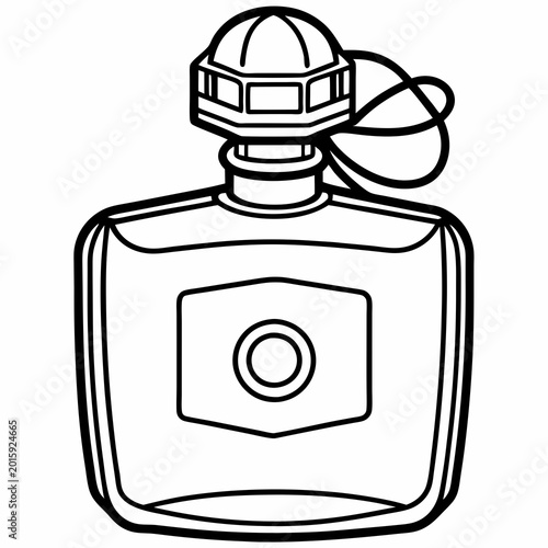 A sleek black perfume bottle with a dome-shaped cap and a dangling ribbon illustrated as a minimal vector graphic design