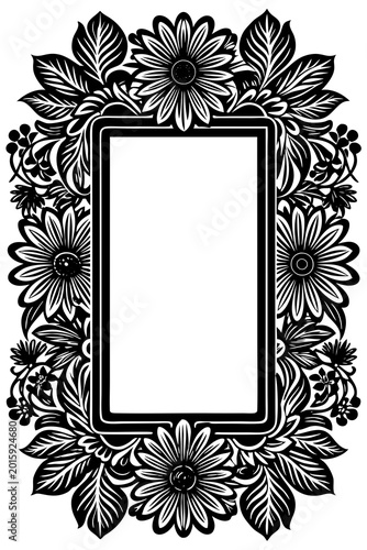 A detailed vector illustration featuring a decorative floral frame with intricate botanical patterns surrounding a blank rectangular space