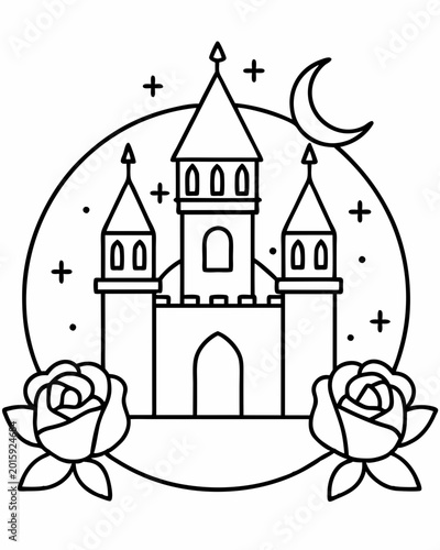 A stylish vector illustration of a fairy tale castle surrounded by roses with a crescent moon and stars in a circular frame