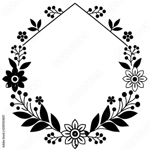 A sleek black and white floral wreath vector illustration featuring intricate botanical designs and symmetrical patterns for decorative use