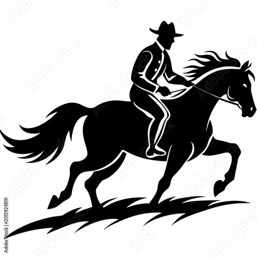 A cowboy riding a galloping horse depicted as a sleek black and white vector illustration with a transparent background