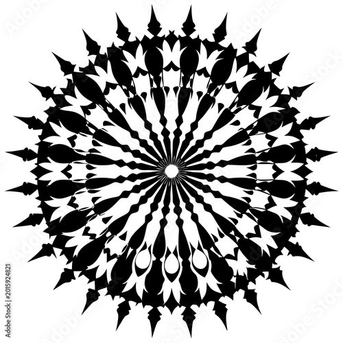A striking black and white vector illustration of an intricate geometric snowflake pattern with symmetrical design elements radiating outward