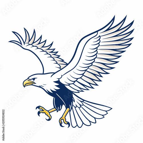 A bold and powerful bald eagle vector illustration with outstretched wings in a dynamic flying pose for logos or emblems
