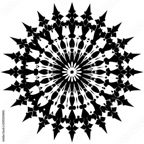 A striking black and white vector illustration featuring an intricate symmetrical snowflake pattern with sharp geometric shapes radiating outward