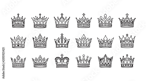 Εκτύπωση καμβά Large collection of diverse crown icons and royal symbols in outline style for graphic design