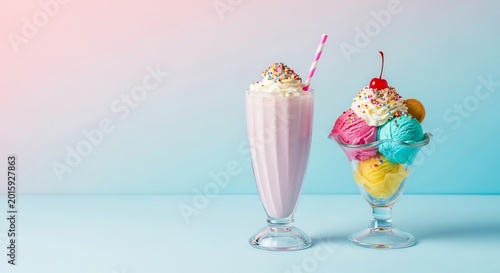 Delicious Strawberry Milkshake and Colorful Ice Cream Sundae.