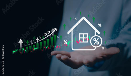 Real estate growth, digital house investment chart with rising percentage indicators, property market expansion and mortgage finance strategy