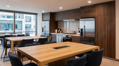 Modern office kitchen space features sleek wood cabinets stainless steel appliances, large communal tables. Bright windows offer city views. This area is perfect for work breaks, casual meetings.