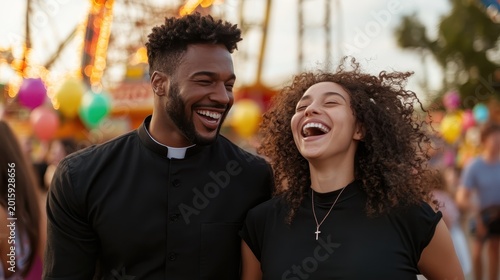 A cheerful couple enjoying their time at a fairground, radiating happiness amidst the vibrant background of lights and festivities, symbolizing friendship and joy.