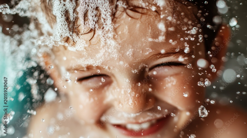 Fototapeta premium A happy child enjoying a playful moment surrounded by shimmering soap bubbles, capturing the essence of childhood joy, innocence, and carefree fun. Ideal for family-related themes.