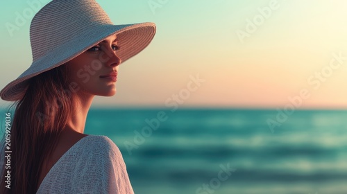 A serene profile of a young woman wearing a wide-brimmed straw hat, gazing thoughtfully at the ocean during a beautiful sunset, capturing tranquility and beauty.