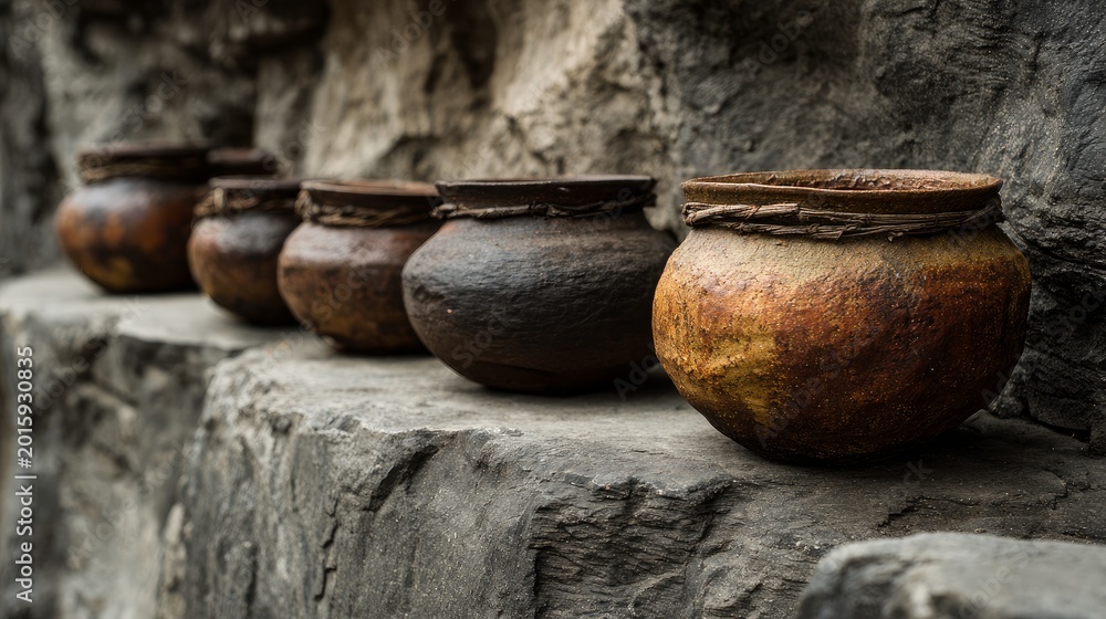 Fototapeta premium Pretty clay pots sit on a gray rock surface. You can add words here.
