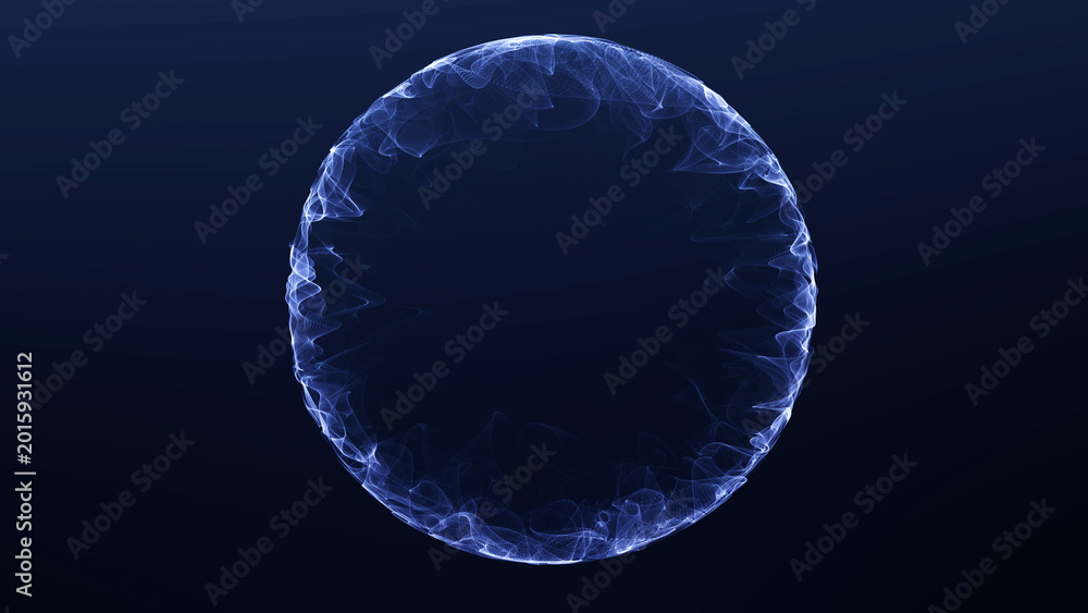Fototapeta premium Blue glowing energy ring sphere with electric light waves, abstract futuristic orb on dark background, luminous circular plasma shape.