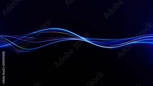 Cuadro en lienzo Multicolor neon wave lines on dark background, abstract light streaks with blue, cyan and gold curves, futuristic technology design