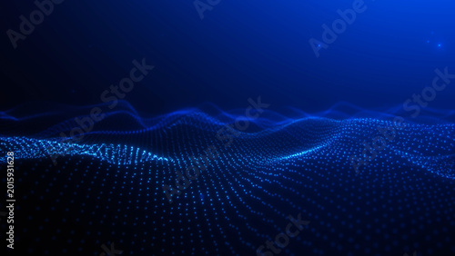 Blue digital particle wave landscape with glowing dots, abstract data grid surface, futuristic technology background with depth and light motion.