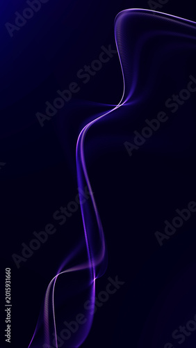 Purple glowing wave ribbon with fine lines, abstract futuristic shape on dark background, elegant digital flow with smooth luminous motion.