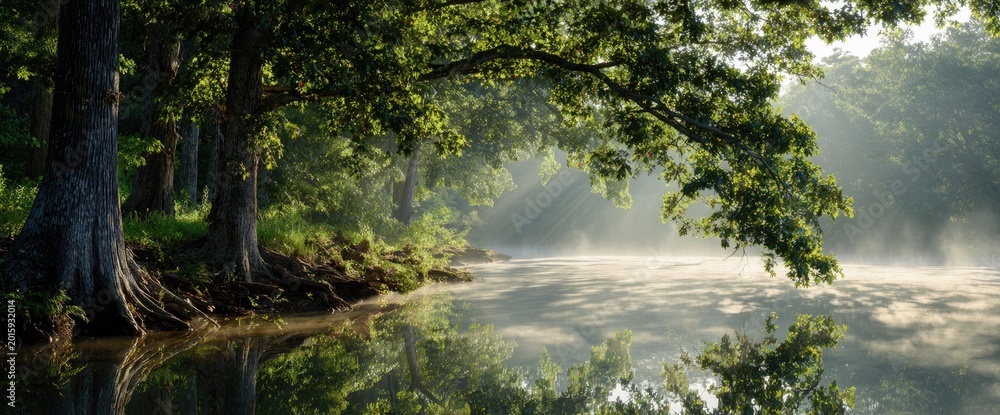 Fototapeta premium Sunbeams pierce mist over serene forest lake with reflections