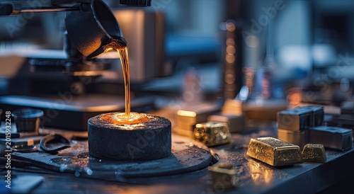 Molten precious metal is poured into a mold, with ingots nearby
