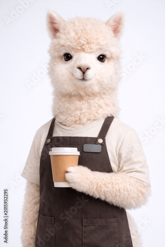Hyper realistic portrait of a cute anthropomorphic alpaca dressed as a coffee shop barista, wearing a dark apron and holding a takeaway coffee cup.