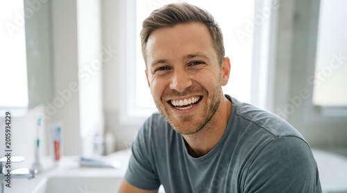 Happy young man with a bright smile in a modern office setting.