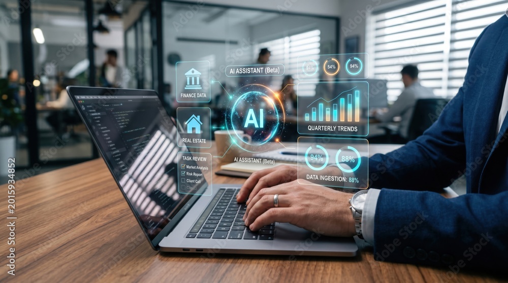 Fototapeta premium A professional in a suit working on a laptop with advanced AI data visualization interface, likely analyzing complex data in a modern office