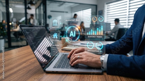 A professional in a suit working on a laptop with advanced AI data visualization interface, likely analyzing complex data in a modern office