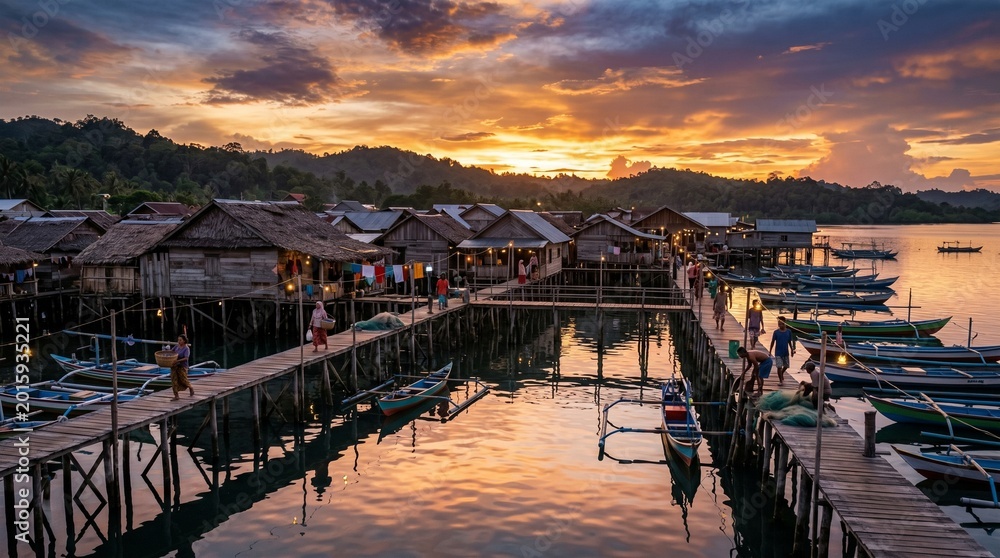 Fototapeta premium Traditional Indonesian Fishing Village Sunset Wooden Houses Stilts Water Reflection Cinematic