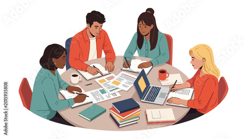 Diverse Business Team Collaborating Around Office Table with Laptop and Documents, Teamwork Meeting Illustration