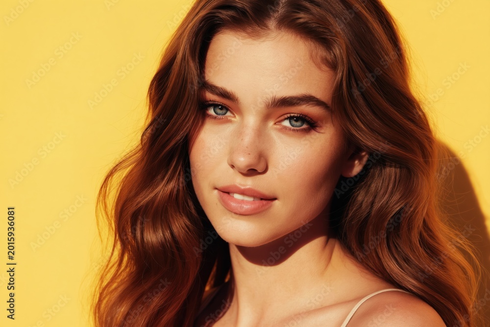 Fototapeta premium Young woman with long wavy brown hair has light makeup and freckles. She looks at camera with blue eyes and gentle smile. Casual outfit. Vibrant yellow background.