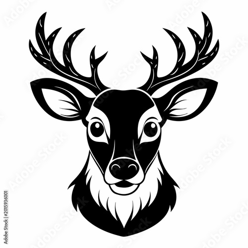 A sleek black and white vector illustration of a deer head with prominent antlers shown in a minimalist and stylized design
