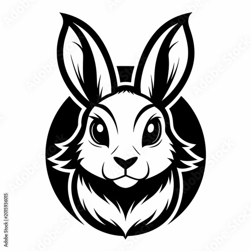 A stylish black and white vector illustration of a cute rabbit face with large expressive eyes and pointed ears designed as a minimalist icon