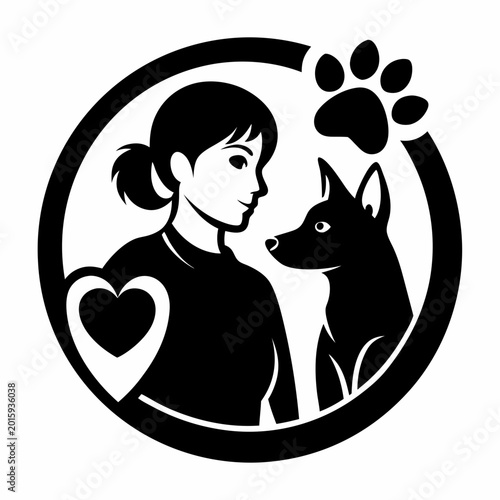 A stylish vector illustration shows a woman with her hair in a ponytail affectionately looking at a loyal dog beside her
