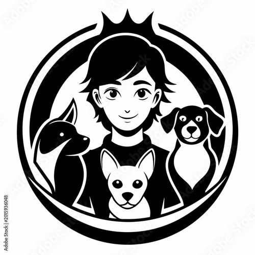 A cheerful child with a crown stands surrounded by a black dog, a chihuahua, and a dachshund in this stylish vector illustration
