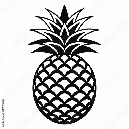 A sleek black and white vector illustration of a pineapple featuring a detailed crown and textured surface for use in graphic design projects