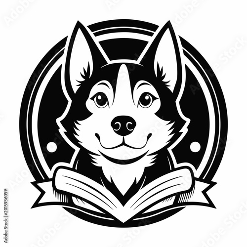A stylish black and white vector illustration of a dog holding an open book with a friendly expression