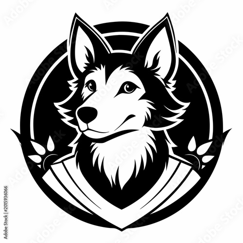 A striking black and white vector illustration of a wolf head encased in a circular emblem with leafy branches forming a shield shape underneath