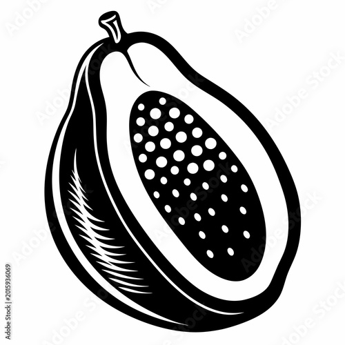 A sleek black and white vector illustration of a halved papaya fruit showcasing its dotted seeds and fibrous interior
