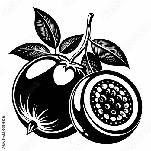 A detailed vector illustration of a sliced passion fruit with seeds exposed and attached leaves on a transparent background