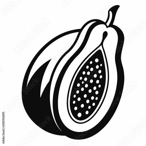 A sleek black and white vector illustration of a papaya fruit cut in half showing its seeds inside