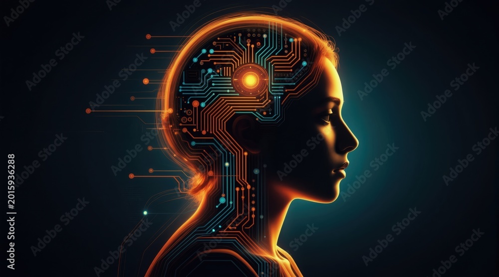 Obraz premium Human head profile overlaid with glowing digital circuits. Represents artificial intelligence, tech education, cybernetic brain, neural networks. Innovation, data processing, future tech concepts.
