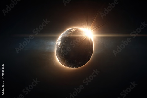 A celestial body eclipses a brilliant sun, casting dramatic light and shadow